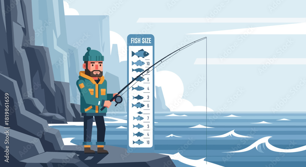 Fototapeta premium Cartoon fisherman standing by the ocean with fish measuring guide illustration