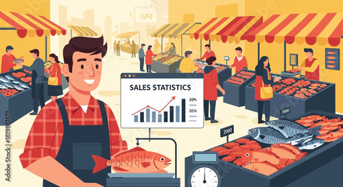 Vibrant fish market illustration showcasing increased sales and customer activity