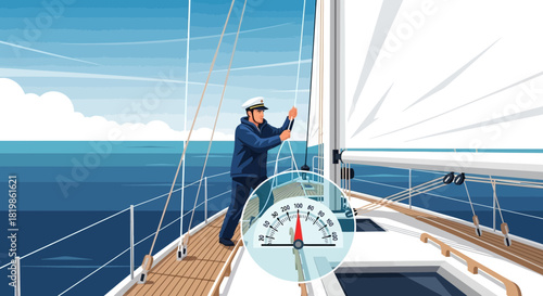 Captivating vector image portraying sailor operating sailboat with speedometer insight
