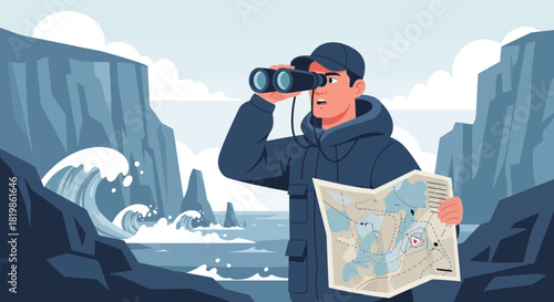 Cartoon illustration of a man with binoculars and a map searching the coast