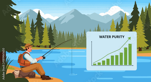 Illustrative depiction: Man fishing by lake with water purity improvement chart