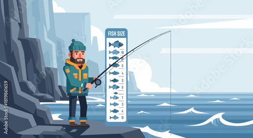Cartoon fisherman standing by the ocean with fish measuring guide illustration