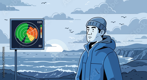 Coastal Weather Observation: A lone figure and maritime radar data analysis