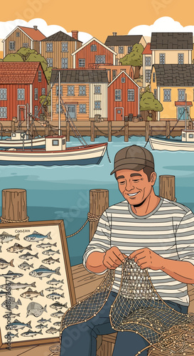 Artistic depiction of a fisherman mending nets in a tranquil coastal village