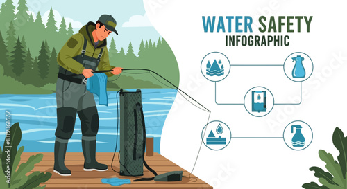 Illustration of angler fishing on wooden dock with water safety infographic