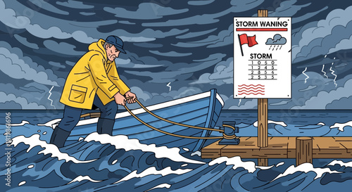 Illustration of a resilient fisherman facing a storm at the docks in cartoon style