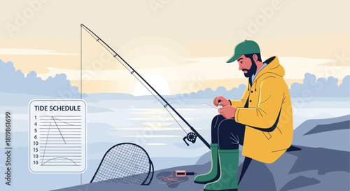 Angler Preparing Gear While Checking the Tide Schedule for Optimal Fishing Conditions