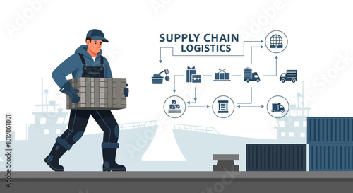 Visualization of global supply chain logistics network involving workers and shipping