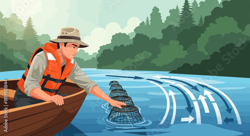 Illustration of a fisherman setting traps on a calm river with a forested backdrop