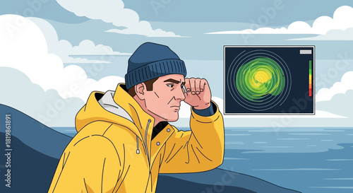 Contemplative meteorologist observes approaching weather system on the coast
