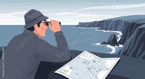 Maritime explorer on a clifftop, charting a course with map and binoculars