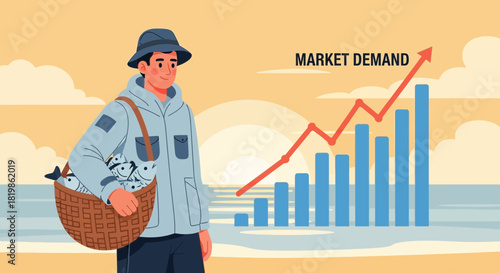 Rising Market Demand for Seafood Illustrated with Fisherman and Graph on the Beach