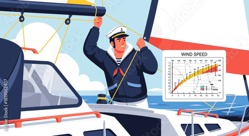 Illustration of a sailor adjusting sails on a yacht, showing wind speed chart