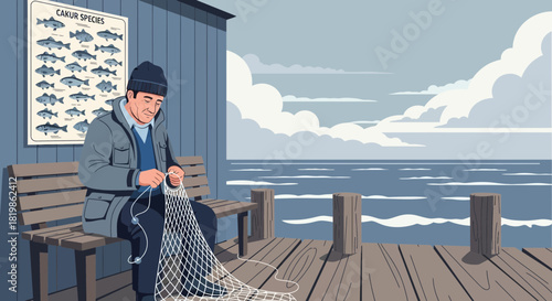 Mending Nets: A Fisherman's Quiet Dedication Amidst Serene Coastal Scenery