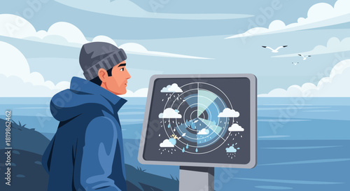 Coastal Weather Analysis: Man Observing Radar Displaying Rainfall Forecast