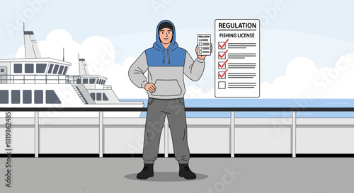 Cartoon of a man standing confidently with a fishing license and regulation compliance