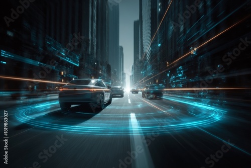 Futuristic self-driving cars navigate a high-tech city street with glowing digital data lines and motion blur, illustrating advanced traffic flow technology.