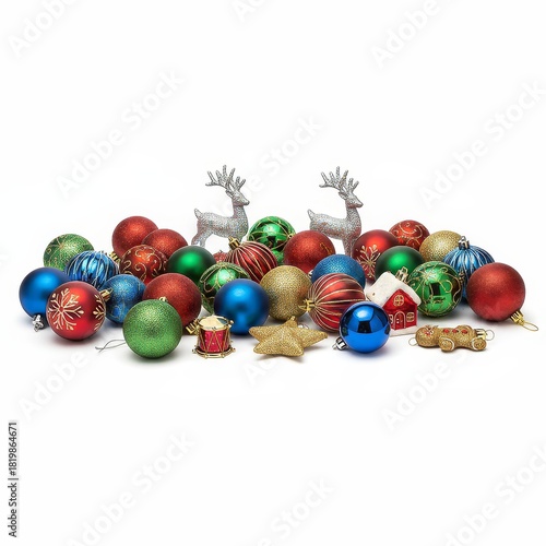 This vibrant and colorful arrangement of assorted Christmas ornaments includes shining baubles, decorative reindeer, and playful holiday-themed shapes. Perfect for holiday-themed projects, marketing m