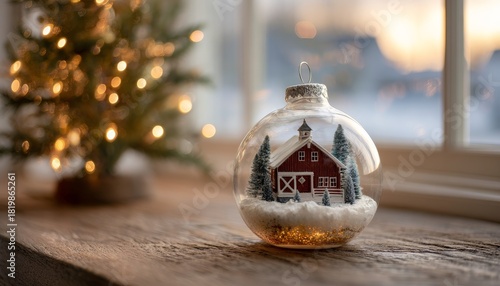 Clear glass holiday ornament containing a miniature snowy farm scene rests on a wooden surface beside a glowing miniature tree