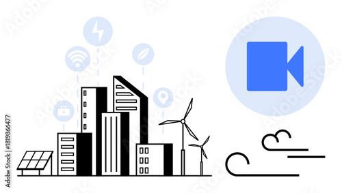 Urban cityscape with solar panel, wind turbines, energy, wireless, location icons, and video log. Ideal for technology, sustainability, connectivity innovation energy urban planning and clean