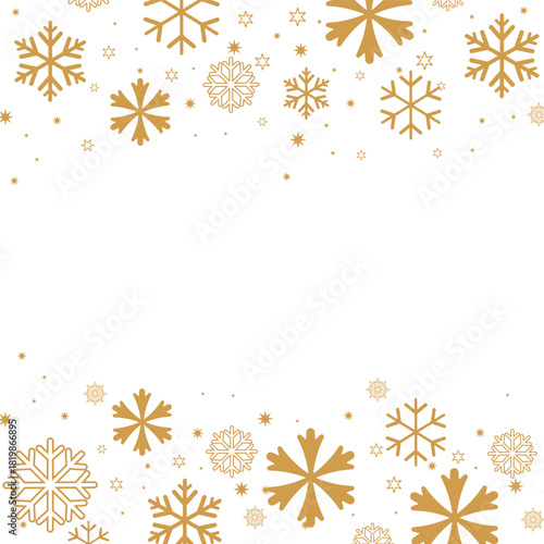 Square format background featuring gold/bronze colored snowflakes and stars forming top and bottom borders on a white backdrop. The central negative space is ideal for text, perfect for elegant winter