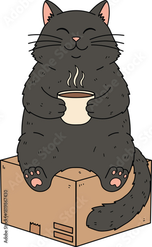 Cozy Black Cat Enjoying Coffee on a Cardboard Box