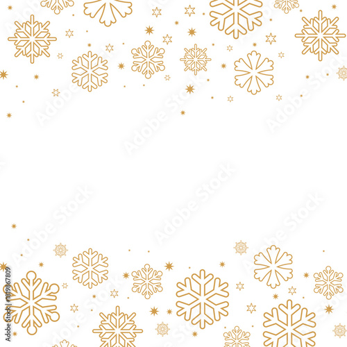 Square format background featuring gold/bronze colored snowflakes and stars forming top and bottom borders on a white backdrop. The central negative space is ideal for text, perfect for elegant winter