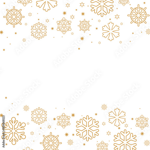 Square format background featuring gold/bronze colored snowflakes and stars forming top and bottom borders on a white backdrop. The central negative space is ideal for text, perfect for elegant winter