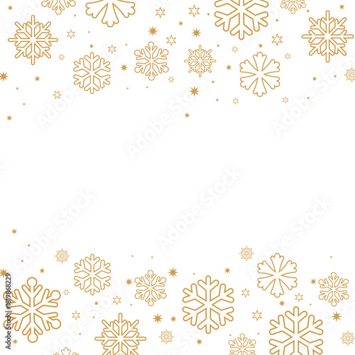 Square format background featuring gold/bronze colored snowflakes and stars forming top and bottom borders on a white backdrop. The central negative space is ideal for text, perfect for elegant winter