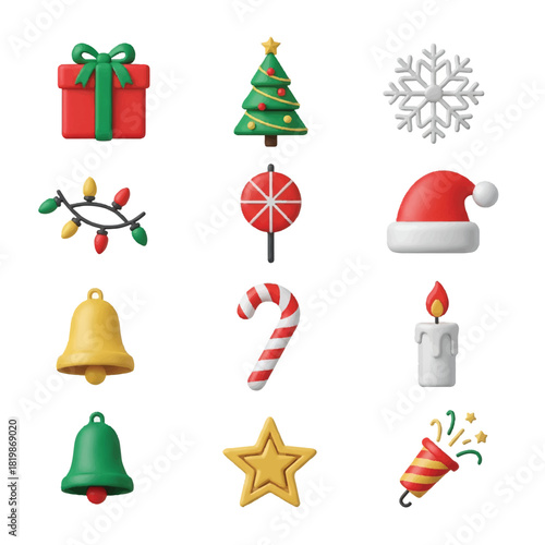 Festive Christmas Icons Gift Tree Snowflake and Holiday Cheer.