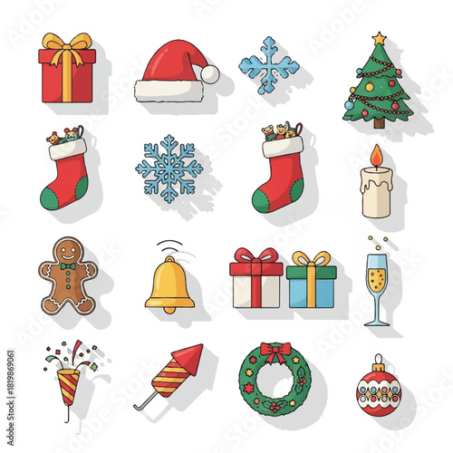 Festive Christmas Icons Gifts Santa Hat Tree and More.
