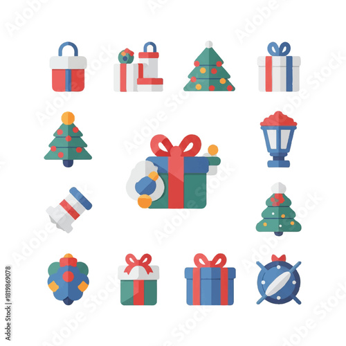 Festive Christmas Icons Gifts Trees and Decorations for Holiday Cheer.