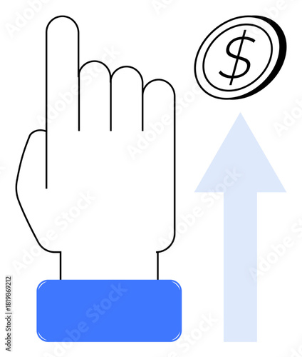 Hand pointing upward with a dollar coin and rising arrow symbolizing financial success, growth, and transactions. Ideal for finance, online payments, monetary success, investment, progress, saving