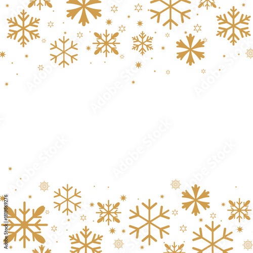 Square format background featuring gold/bronze colored snowflakes and stars forming top and bottom borders on a white backdrop. The central negative space is ideal for text, perfect for elegant winter