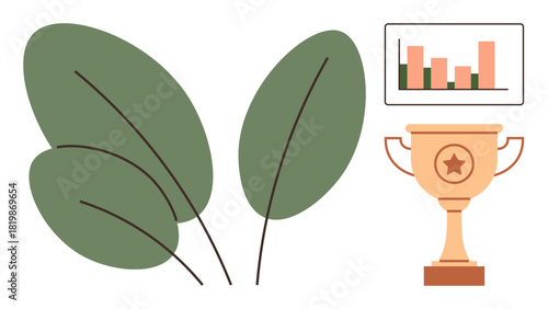 Green leaves, growth chart with bars, and trophy symbolizing success, growth, sustainability, achievement, progress, and environmental awareness. Ideal for eco initiatives startups goals or