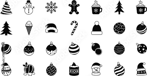 Christmas silhouette icon pack, tree, snowman, ornament, Santa hat, candy cane, mug, snowflake, gingerbread, festive holiday symbols
