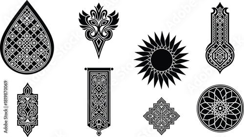 Ornamental silhouette icon set, Islamic, Gothic, mandala, floral, geometric, teardrop, scrollwork, sunburst, decorative cultural motifs