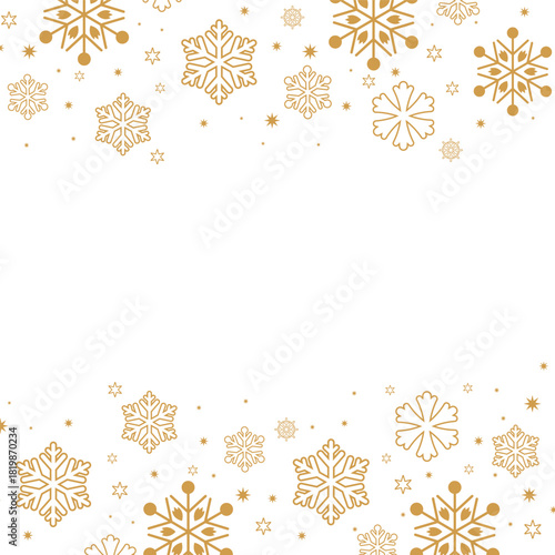 Square format background featuring gold/bronze colored snowflakes and stars forming top and bottom borders on a white backdrop. The central negative space is ideal for text, perfect for elegant winter