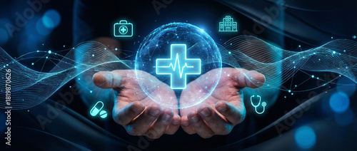 Modern Healthcare and Telemedicine Concept: Hands hold a glowing medical cross with digital hospital and pharmacy icons.