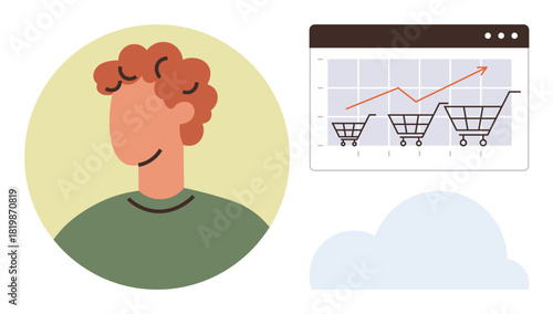 Person smiling in profile, e-commerce growth chart with shopping carts and upward trend, subtle cloud accent. Ideal for business, e-commerce, analytics, digital marketing, sales growth, retail