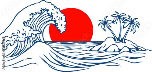 Illustration of a wave, sun, and island with palm trees, evoking a tropical or vacation theme.