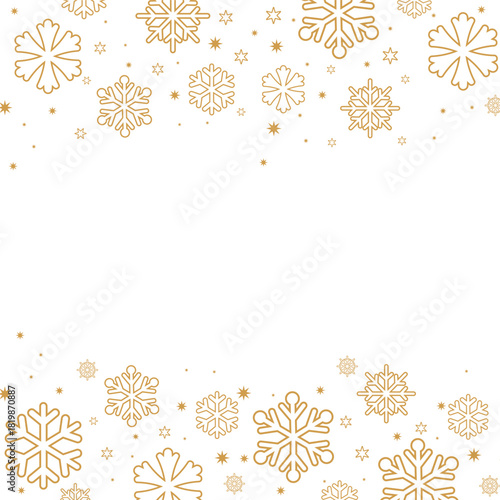 Square format background featuring gold/bronze colored snowflakes and stars forming top and bottom borders on a white backdrop. The central negative space is ideal for text, perfect for elegant winter
