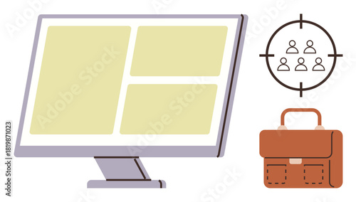 Desktop monitor layout, user targeting graphic, and briefcase outline. Ideal for marketing, business strategy, professional growth, audience targeting, corporate planning, entrepreneurship simple