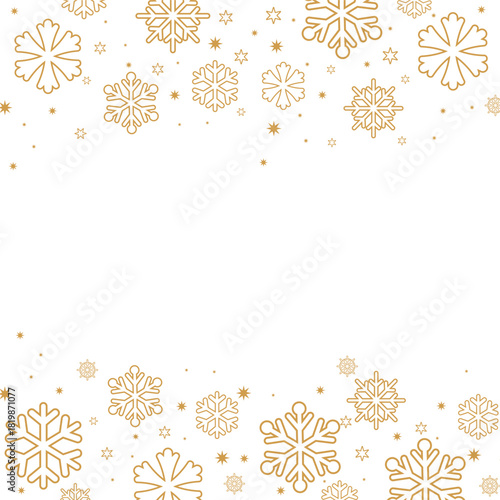Square format background featuring gold/bronze colored snowflakes and stars forming top and bottom borders on a white backdrop. The central negative space is ideal for text, perfect for elegant winter