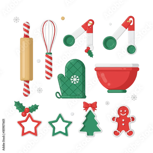 Festive Christmas Baking Utensils and Cookie Cutters Illustration.