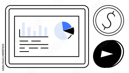 Tablet with bar chart, pie chart, and data. Dollar icon and play button suggest finance, investment, and automation. Ideal for analysis, technology, strategy presentation budgeting marketing