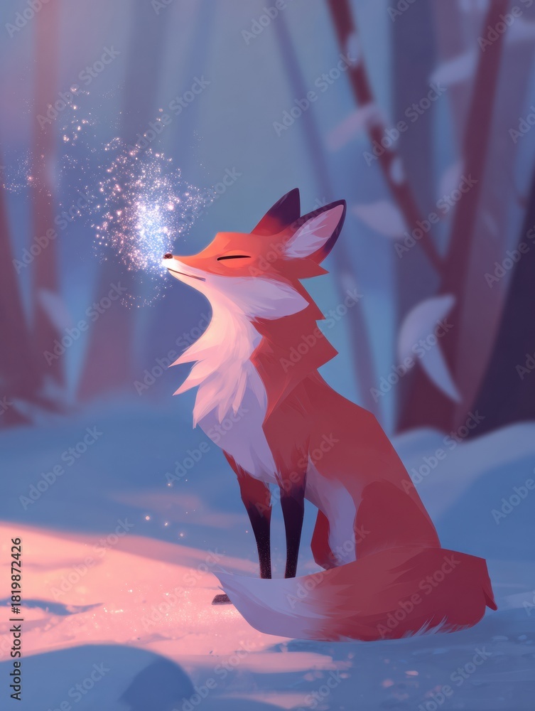 Obraz premium Fox Blowing Sparkling Kiss Dust in Warm Forest With Pastel Colors and Big Free Space for Imagination