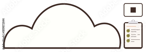 Cloud outline connected to an upload button and checklist. Ideal for data sharing, organization, task management, productivity, technology, cloud computing, simple flat metaphor