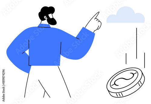 Man pointing at cloud with a descending coin, symbolizing investment, financial growth, or cloud savings. Ideal for finance, technology, innovation, business, digital economy future trends simple