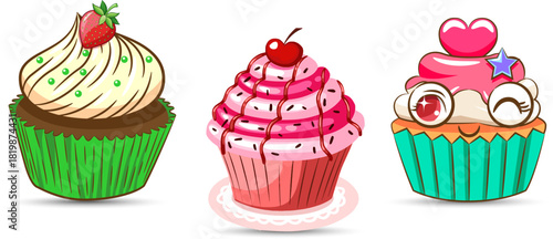 A collection of sweet cupcakes with whipped cream and berries